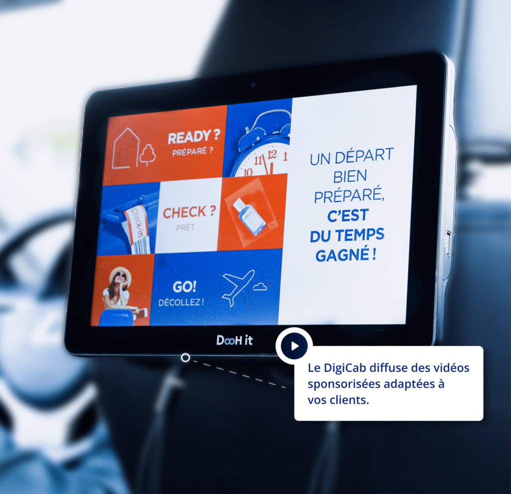 Ecran 2-min DigiCab difusant une pub et avec indication